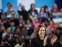 Vice President Kamala Harris speaks at a get out the vote rally in Harrisburg, PA, on October 30, 2024.  Harris and her running mate, Minnes...