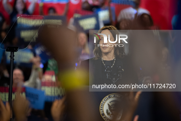 Vice President Kamala Harris speaks at a get out the vote rally in Harrisburg, PA, on October 30, 2024.  Harris and her running mate, Minnes...