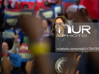 Vice President Kamala Harris speaks at a get out the vote rally in Harrisburg, PA, on October 30, 2024.  Harris and her running mate, Minnes...