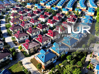 An aerial photo taken in Chengdong town, Hai'an City, Jiangsu province, China, on October 31, 2024, shows the residential area of farmers. (