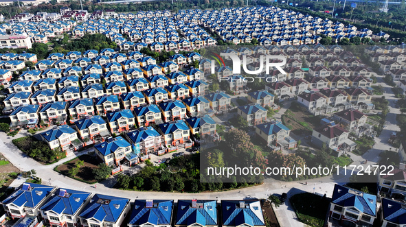 An aerial photo taken in Chengdong town, Hai'an City, Jiangsu province, China, on October 31, 2024, shows the residential area of farmers. 