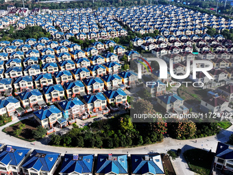 An aerial photo taken in Chengdong town, Hai'an City, Jiangsu province, China, on October 31, 2024, shows the residential area of farmers. (