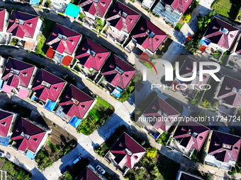 An aerial photo taken in Chengdong town, Hai'an City, Jiangsu province, China, on October 31, 2024, shows the residential area of farmers. (