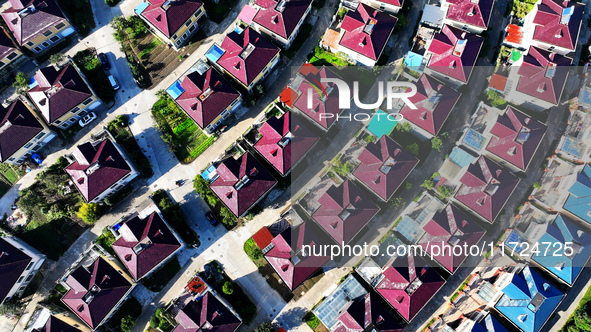 An aerial photo taken in Chengdong town, Hai'an City, Jiangsu province, China, on October 31, 2024, shows the residential area of farmers. 