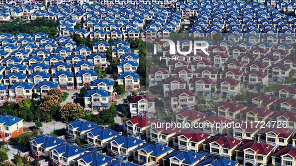 An aerial photo taken in Chengdong town, Hai'an City, Jiangsu province, China, on October 31, 2024, shows the residential area of farmers. 