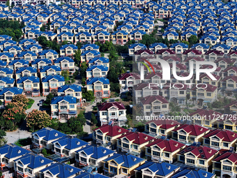 An aerial photo taken in Chengdong town, Hai'an City, Jiangsu province, China, on October 31, 2024, shows the residential area of farmers. (