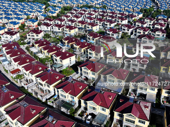 An aerial photo taken in Chengdong town, Hai'an City, Jiangsu province, China, on October 31, 2024, shows the residential area of farmers. (