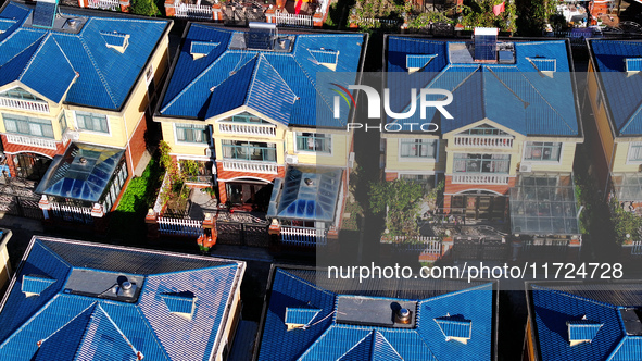 An aerial photo taken in Chengdong town, Hai'an City, Jiangsu province, China, on October 31, 2024, shows the residential area of farmers. 