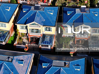 An aerial photo taken in Chengdong town, Hai'an City, Jiangsu province, China, on October 31, 2024, shows the residential area of farmers. (