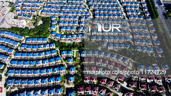 An aerial photo taken in Chengdong town, Hai'an City, Jiangsu province, China, on October 31, 2024, shows the residential area of farmers. 