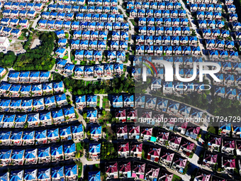 An aerial photo taken in Chengdong town, Hai'an City, Jiangsu province, China, on October 31, 2024, shows the residential area of farmers. (