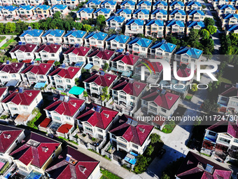 An aerial photo taken in Chengdong town, Hai'an City, Jiangsu province, China, on October 31, 2024, shows the residential area of farmers. (