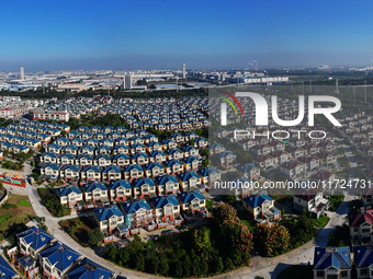 An aerial photo taken in Chengdong town, Hai'an City, Jiangsu province, China, on October 31, 2024, shows the residential area of farmers. (