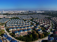 An aerial photo taken in Chengdong town, Hai'an City, Jiangsu province, China, on October 31, 2024, shows the residential area of farmers. (