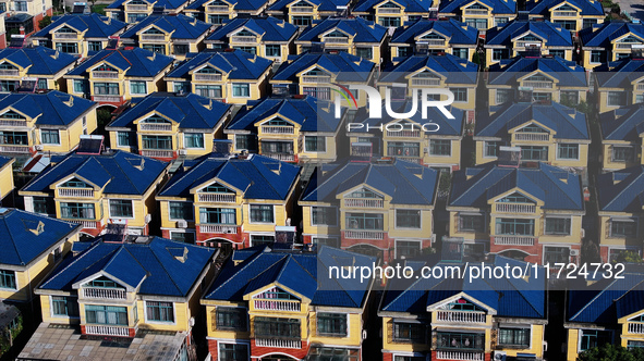 An aerial photo taken in Chengdong town, Hai'an City, Jiangsu province, China, on October 31, 2024, shows the residential area of farmers. 