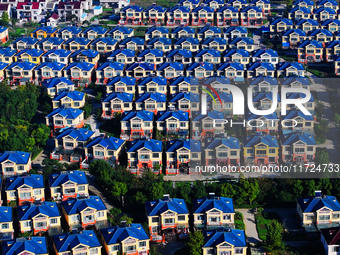 An aerial photo taken in Chengdong town, Hai'an City, Jiangsu province, China, on October 31, 2024, shows the residential area of farmers. (