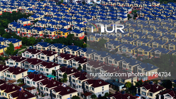 An aerial photo taken in Chengdong town, Hai'an City, Jiangsu province, China, on October 31, 2024, shows the residential area of farmers. 