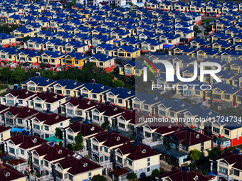 An aerial photo taken in Chengdong town, Hai'an City, Jiangsu province, China, on October 31, 2024, shows the residential area of farmers. (