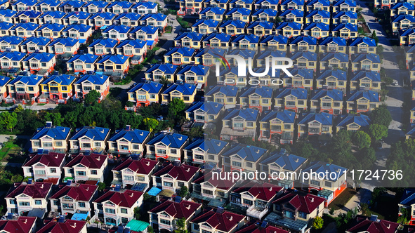 An aerial photo taken in Chengdong town, Hai'an City, Jiangsu province, China, on October 31, 2024, shows the residential area of farmers. 