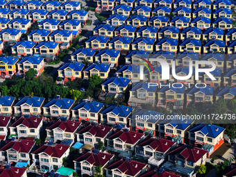 An aerial photo taken in Chengdong town, Hai'an City, Jiangsu province, China, on October 31, 2024, shows the residential area of farmers. (