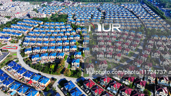 An aerial photo taken in Chengdong town, Hai'an City, Jiangsu province, China, on October 31, 2024, shows the residential area of farmers. 