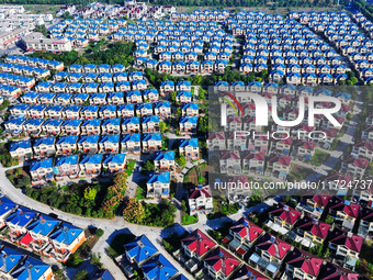 An aerial photo taken in Chengdong town, Hai'an City, Jiangsu province, China, on October 31, 2024, shows the residential area of farmers. (