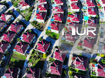 An aerial photo taken in Chengdong town, Hai'an City, Jiangsu province, China, on October 31, 2024, shows the residential area of farmers. (