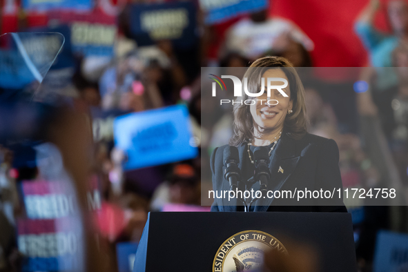 Vice President Kamala Harris speaks during a get out the vote rally in Harrisburg, PA, on October 30, 2024.  Harris and her running mate, Mi...