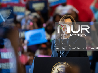 Vice President Kamala Harris speaks during a get out the vote rally in Harrisburg, PA, on October 30, 2024.  Harris and her running mate, Mi...