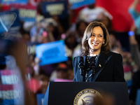 Vice President Kamala Harris speaks during a get out the vote rally in Harrisburg, PA, on October 30, 2024.  Harris and her running mate, Mi...