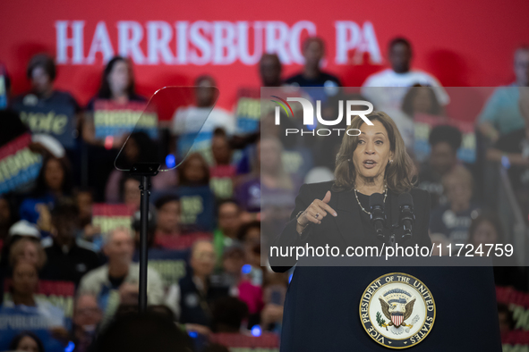 Vice President Kamala Harris speaks at a get out the vote rally in Harrisburg, PA, on October 30, 2024.  Harris and her running mate, Minnes...