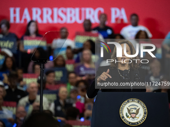 Vice President Kamala Harris speaks at a get out the vote rally in Harrisburg, PA, on October 30, 2024.  Harris and her running mate, Minnes...