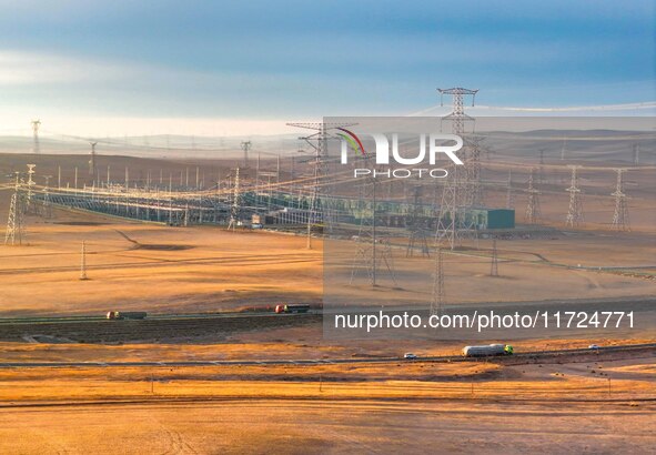 An aerial photo shows the Zhangbei-Shengli 1000kV UHV AC project of Shengli Substation in Xilingol League, Inner Mongolia, China, on October...