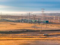 An aerial photo shows the Zhangbei-Shengli 1000kV UHV AC project of Shengli Substation in Xilingol League, Inner Mongolia, China, on October...