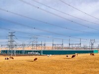 An aerial photo shows the Zhangbei-Shengli 1000kV UHV AC project of Shengli Substation in Xilingol League, Inner Mongolia, China, on October...