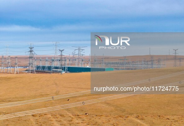 An aerial photo shows the Zhangbei-Shengli 1000kV UHV AC project of Shengli Substation in Xilingol League, Inner Mongolia, China, on October...