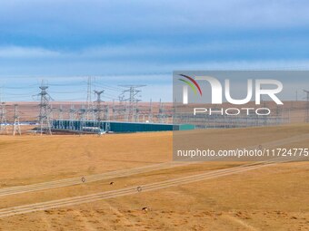 An aerial photo shows the Zhangbei-Shengli 1000kV UHV AC project of Shengli Substation in Xilingol League, Inner Mongolia, China, on October...