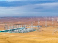 An aerial photo shows the Zhangbei-Shengli 1000kV UHV AC project of Shengli Substation in Xilingol League, Inner Mongolia, China, on October...