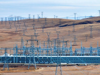 An aerial photo shows the Zhangbei-Shengli 1000kV UHV AC project of Shengli Substation in Xilingol League, Inner Mongolia, China, on October...