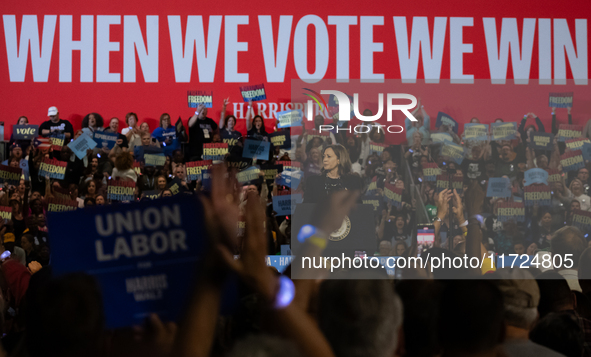 Vice President Kamala Harris speaks at a get out the vote rally in Harrisburg, PA, on October 30, 2024.  Harris and her running mate, Minnes...