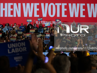 Vice President Kamala Harris speaks at a get out the vote rally in Harrisburg, PA, on October 30, 2024.  Harris and her running mate, Minnes...