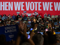 Vice President Kamala Harris speaks at a get out the vote rally in Harrisburg, PA, on October 30, 2024.  Harris and her running mate, Minnes...