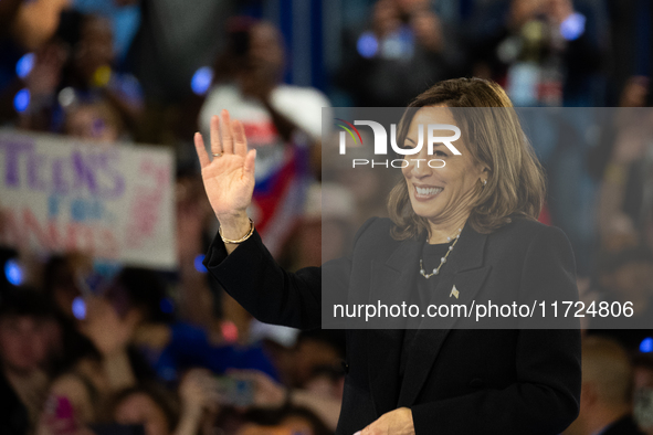 Vice President Kamala Harris speaks at a get out the vote rally in Harrisburg, PA, on October 30, 2024.  Harris and her running mate, Minnes...