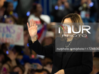 Vice President Kamala Harris speaks at a get out the vote rally in Harrisburg, PA, on October 30, 2024.  Harris and her running mate, Minnes...