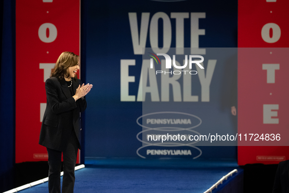 Vice President Kamala Harris arrives on stage to deliver remarks at a get out the vote rally in Harrisburg, PA, on October 30, 2024.  Harris...