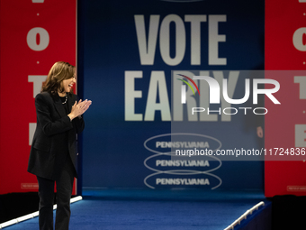 Vice President Kamala Harris arrives on stage to deliver remarks at a get out the vote rally in Harrisburg, PA, on October 30, 2024.  Harris...