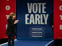 Vice President Kamala Harris arrives on stage to deliver remarks at a get out the vote rally in Harrisburg, PA, on October 30, 2024.  Harris...