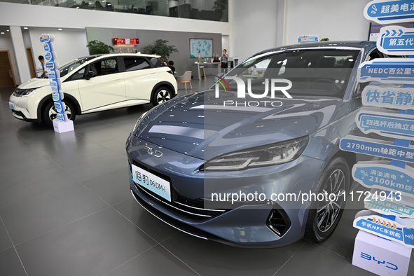 A car is displayed at a BYD 4S shop in Nanjing, China, on October 31, 2024. On October 31, 2024, BYD announces that its operating income in...