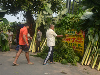 People buy banana trees while sellers sell them at the roadside for home decorations on the occasion of 'Diwali,' the Hindu festival of ligh...