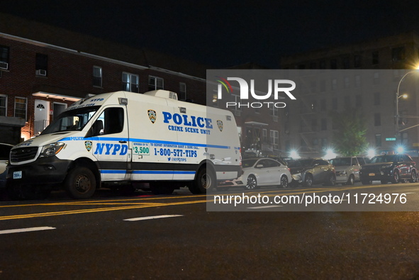 Two men and one woman die in a shooting in the Longwood section of Bronx, New York, United States, on October 30, 2024. Police investigate a...